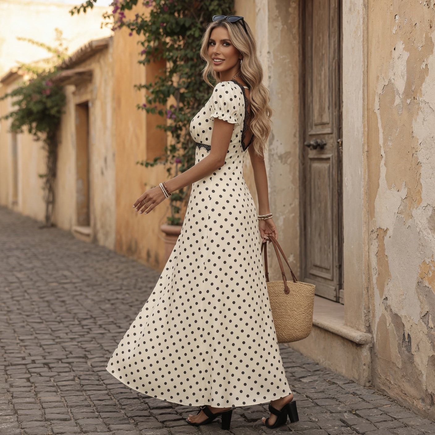 French Riviera Puff Sleeve Polka Dot Midi Dress