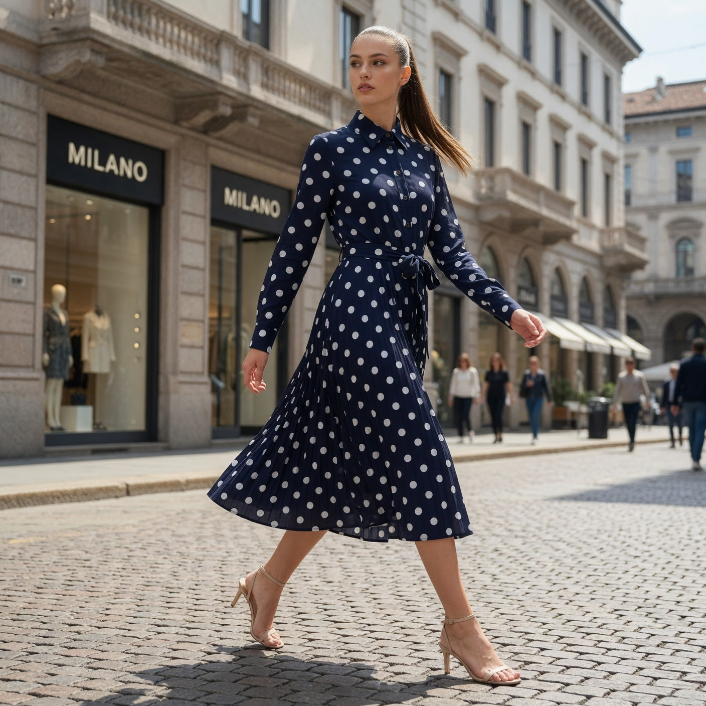 Navy Blue Polka Dot Long Maxi Dress – Elegant Flowy Summer Dress